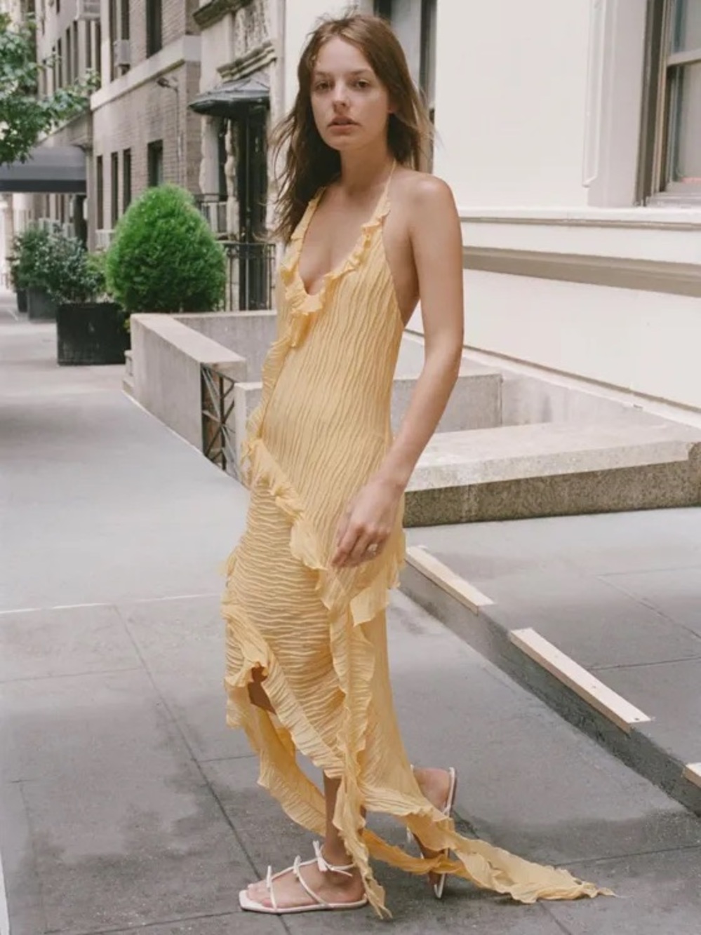 ZARA Asymmetrical Yellow dress with pleats and ruffles S NWT - Picture 4 of 15
